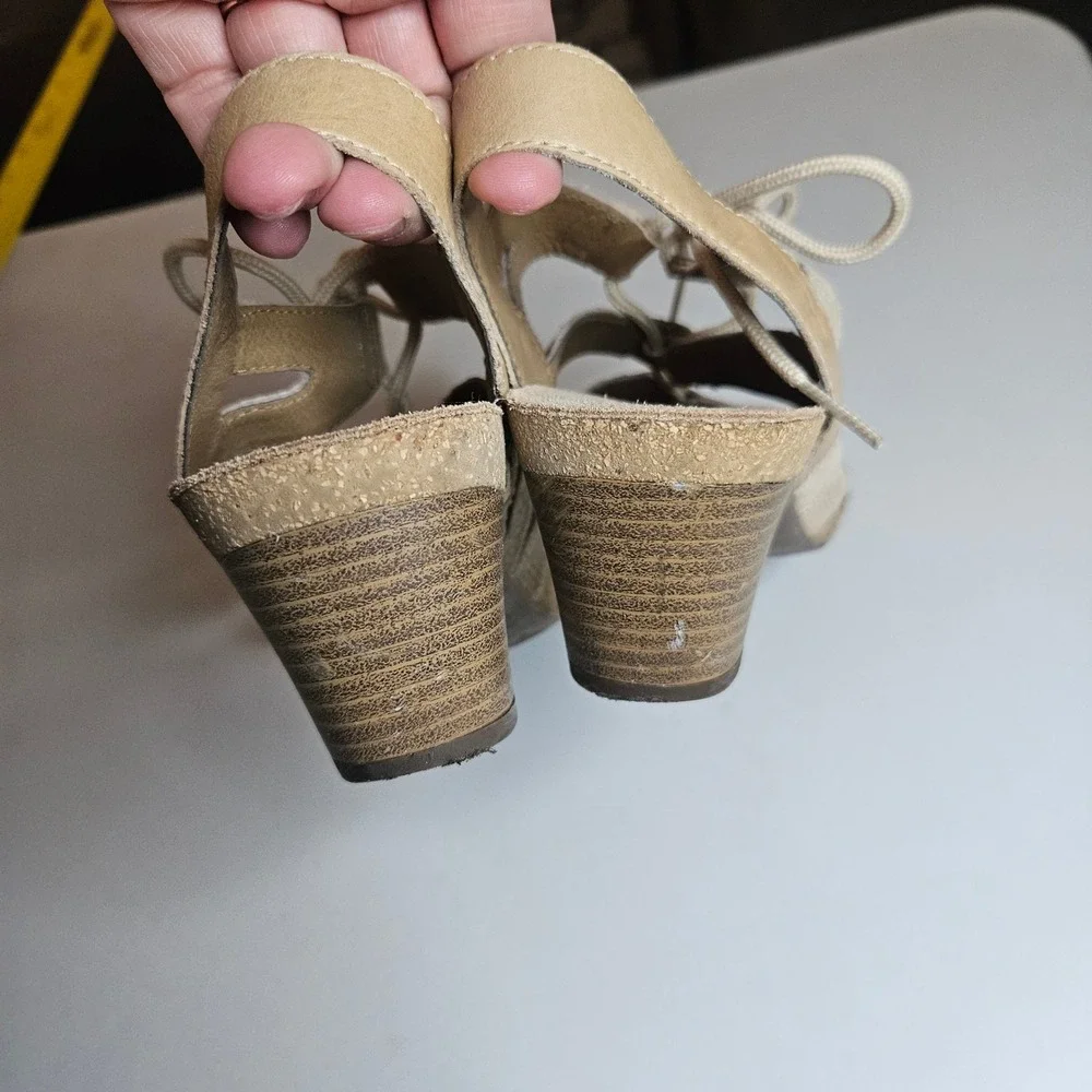 Josef Seibel Tonga Beige Leather Lace Up Strappy Sandal Heel‎ Womens 39 US 8 8.5